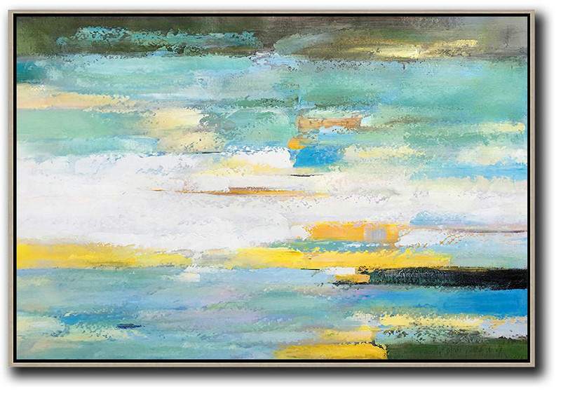 Large Abstract Painting Canvas Art,Oversized Horizontal Abstract Landscape Art,Large Paintings For Living Room,White,Yellow,Light Green.etc